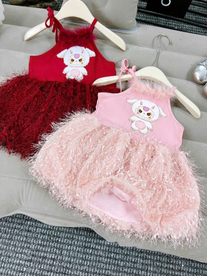 Váy cổ yếm baby three phối lông mịn bé gái