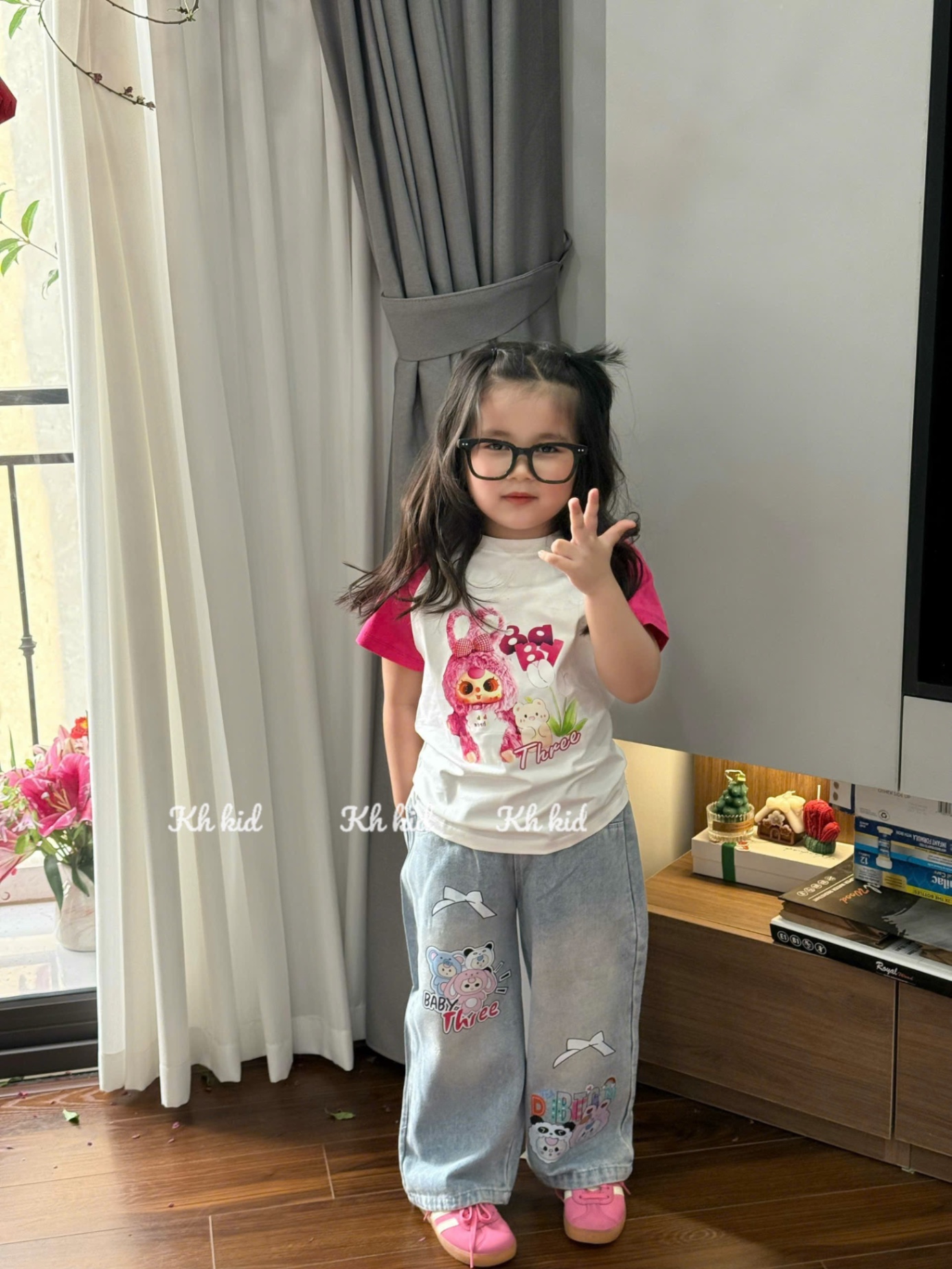 Sét áo babythree tay phối màu quần bò xanh bé gái