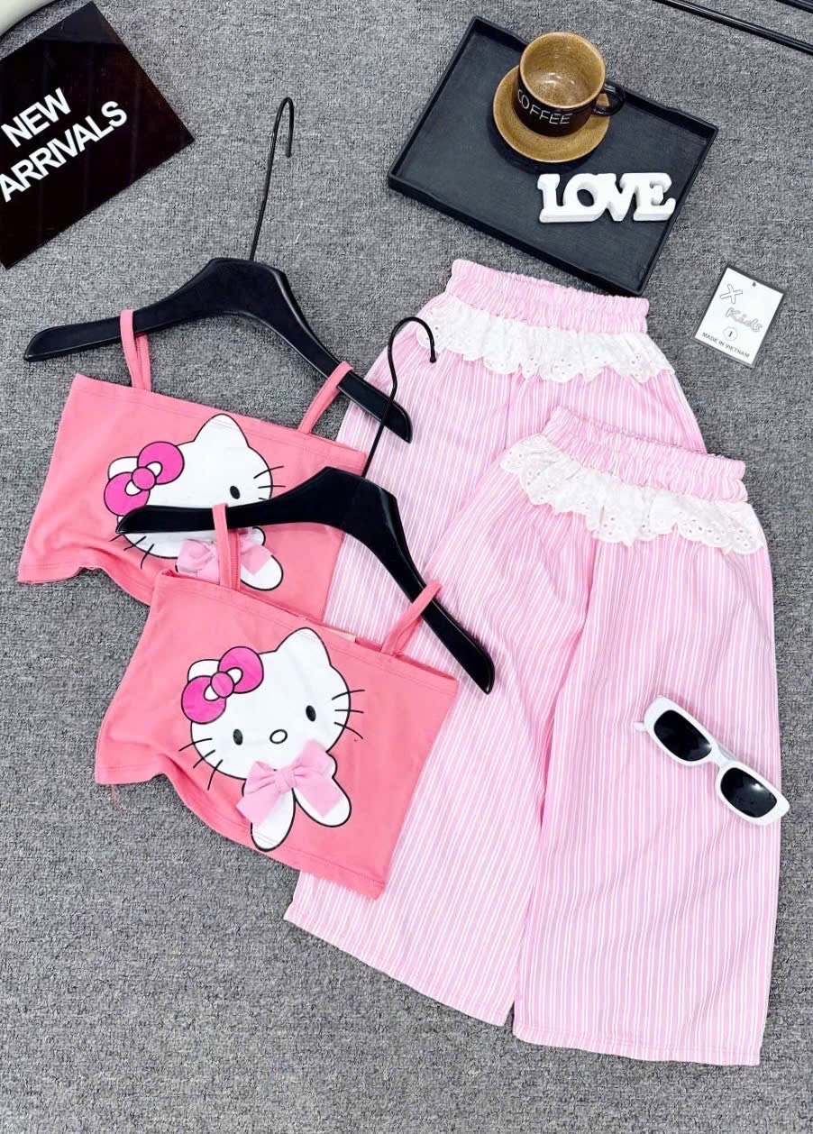 Sét áo 2 dây kitty quần sọc hồng bé gái