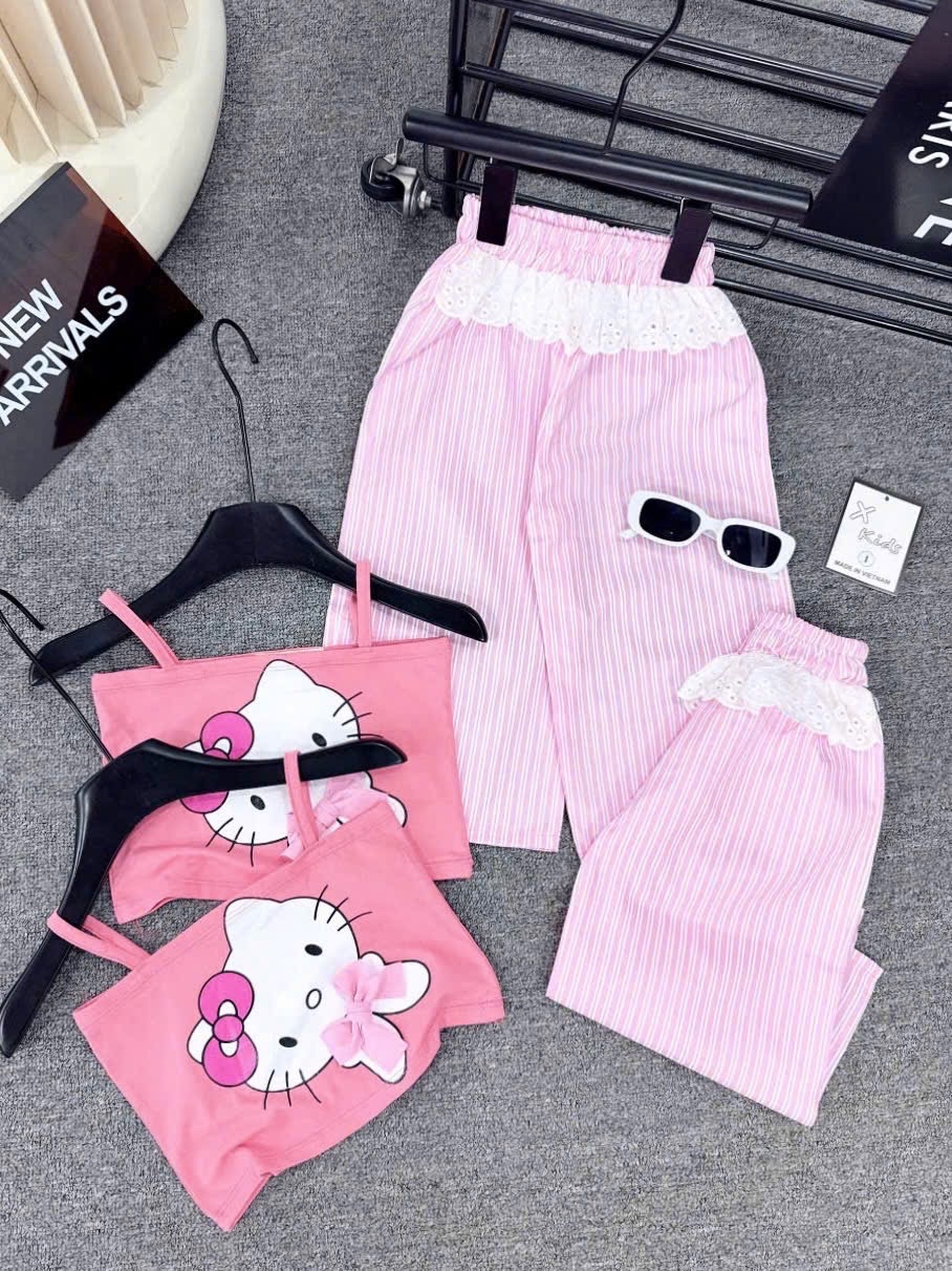 Sét áo 2 dây kitty quần sọc hồng bé gái