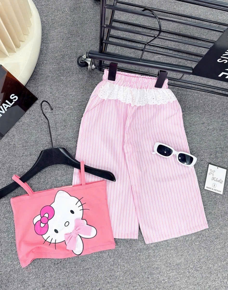 Sét áo 2 dây kitty quần sọc hồng bé gái
