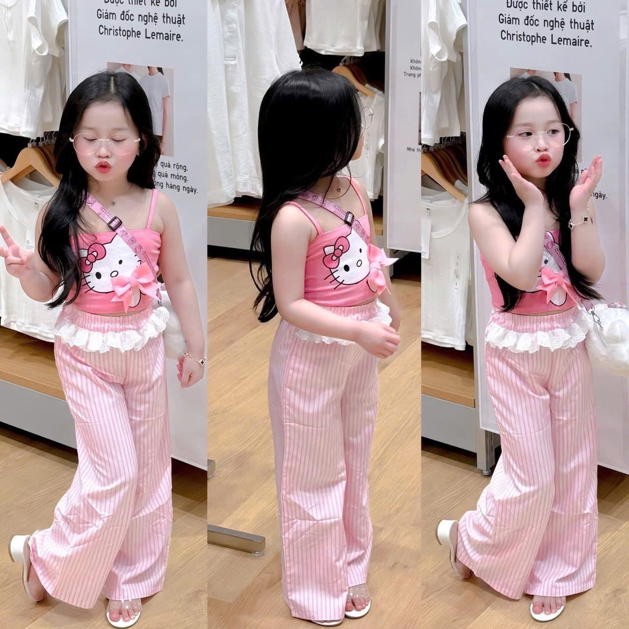 Sét áo 2 dây kitty quần sọc hồng bé gái