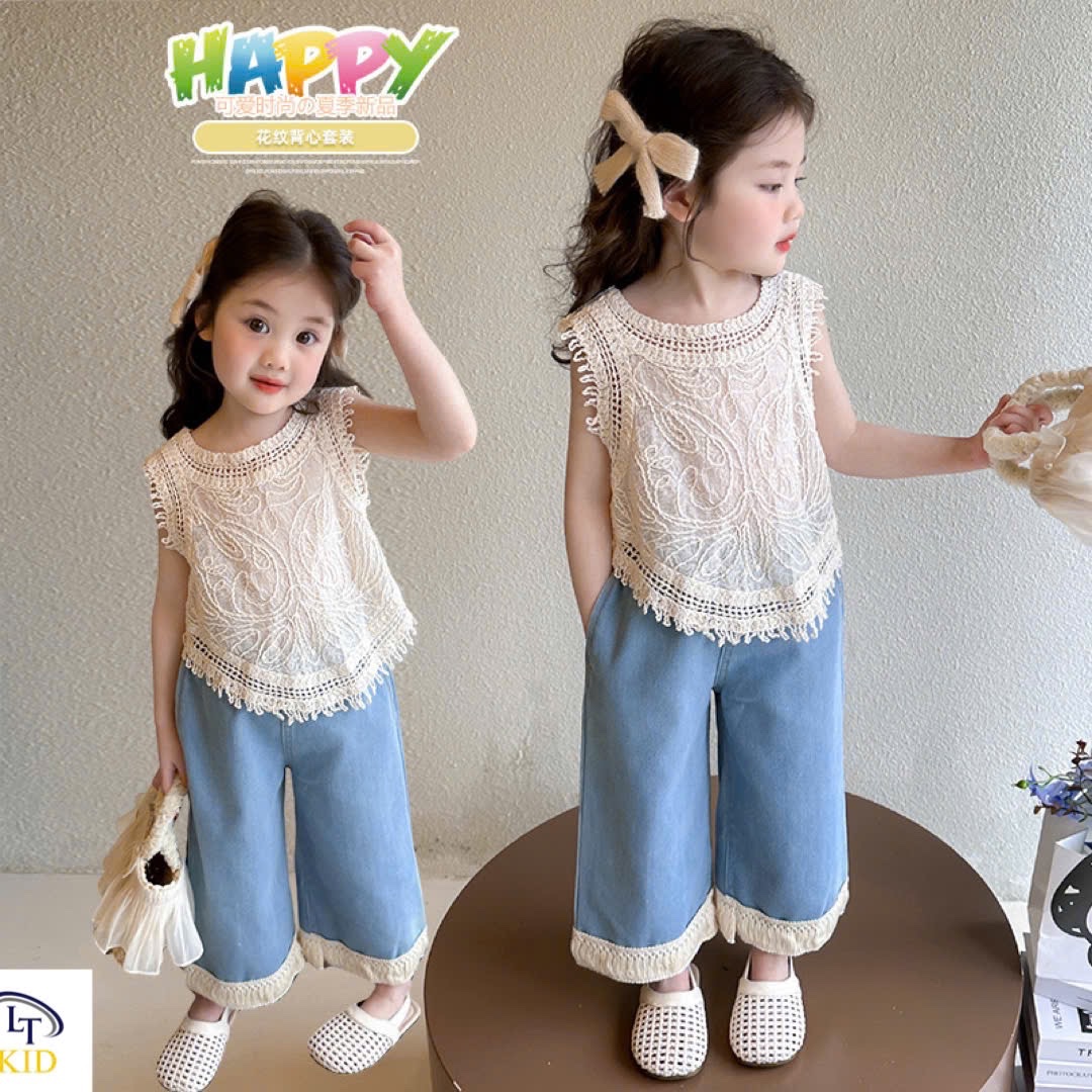 Sét áo ren lưới có lót quần bò xuông xanh bé gái