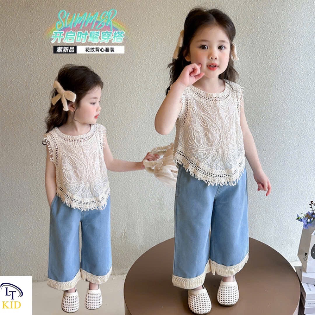 Sét áo ren lưới có lót quần bò xuông xanh bé gái