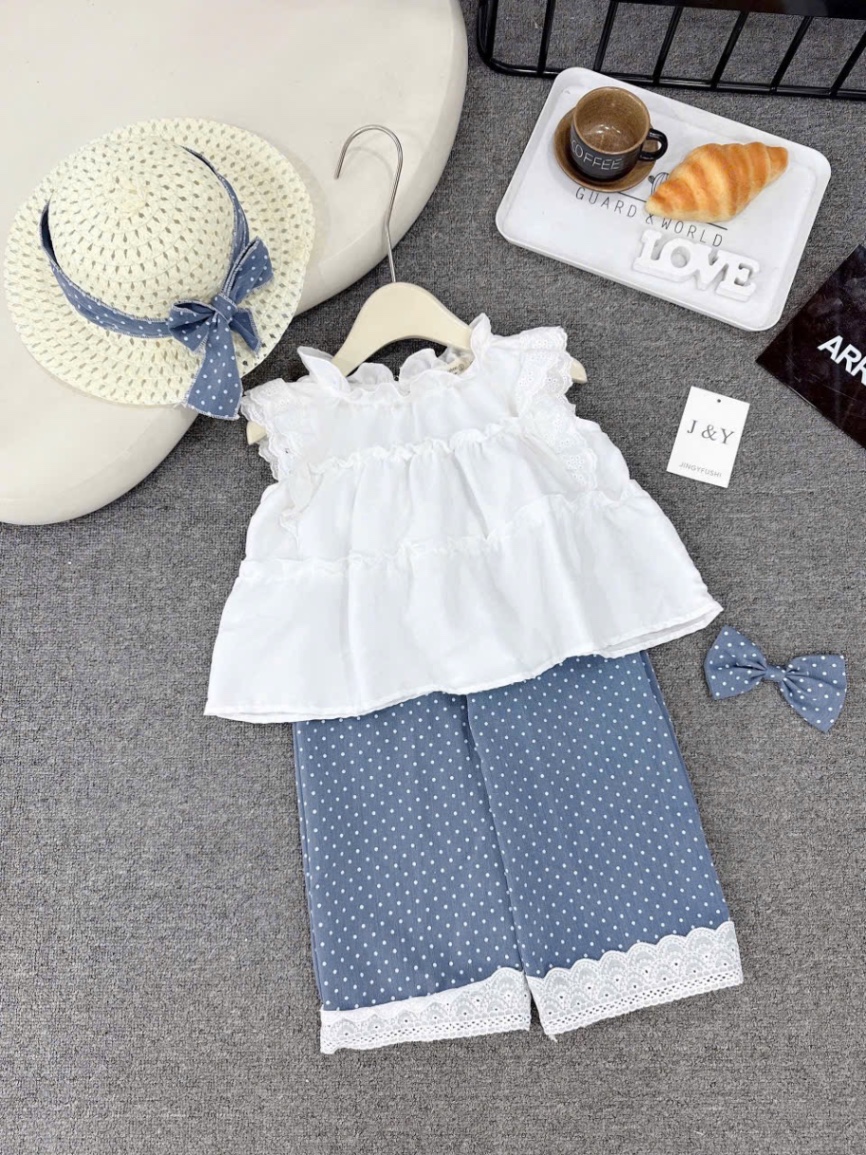 Sét 3 chi tiết áo babydoll trắng quần bi xanh xuông bé gái ( kèm mũ )