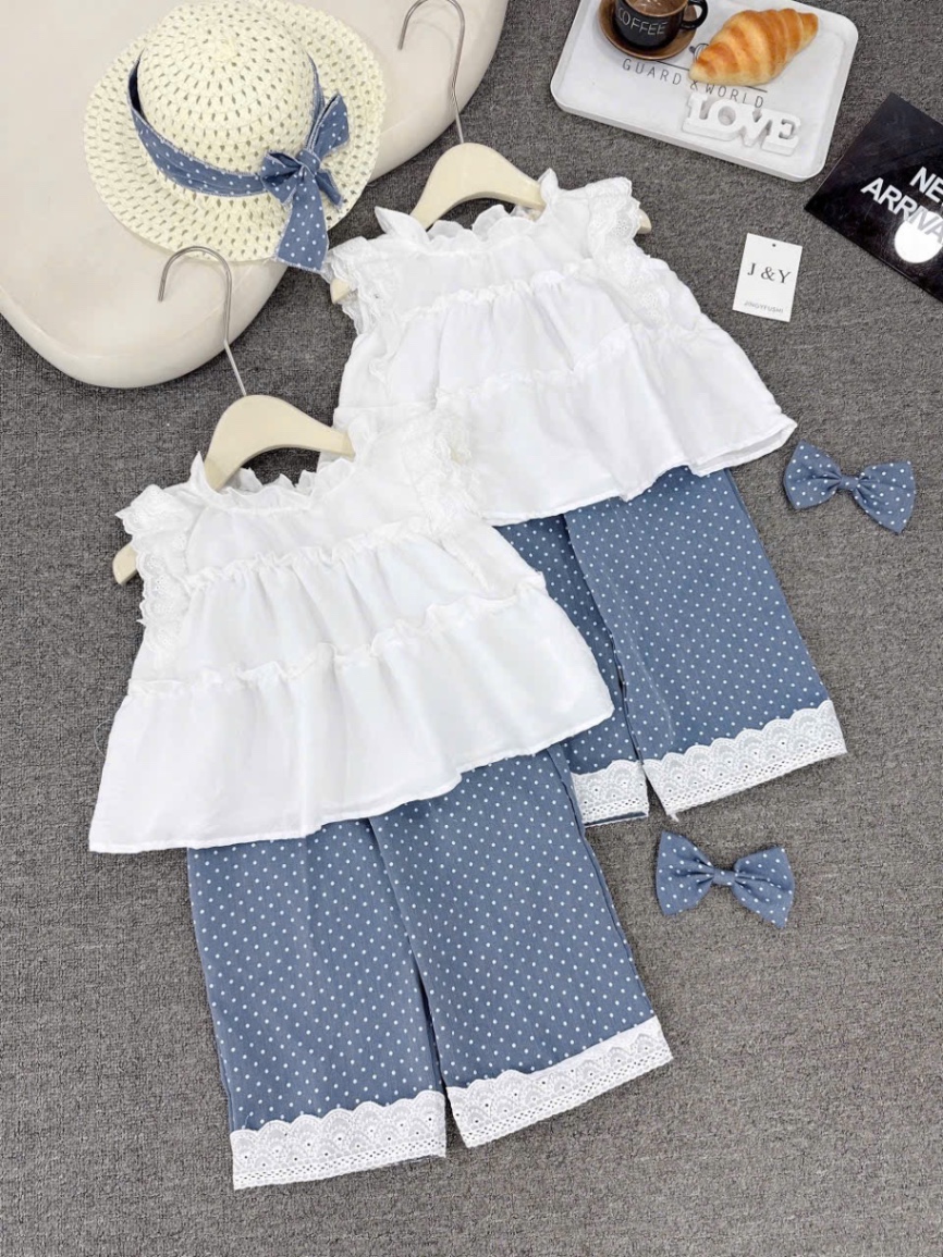 Sét 3 chi tiết áo babydoll trắng quần bi xanh xuông bé gái ( kèm mũ )