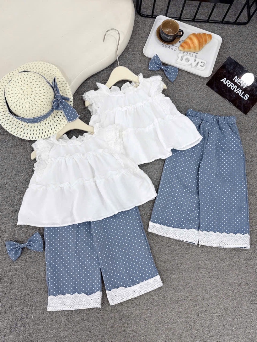 Sét 3 chi tiết áo babydoll trắng quần bi xanh xuông bé gái ( kèm mũ )