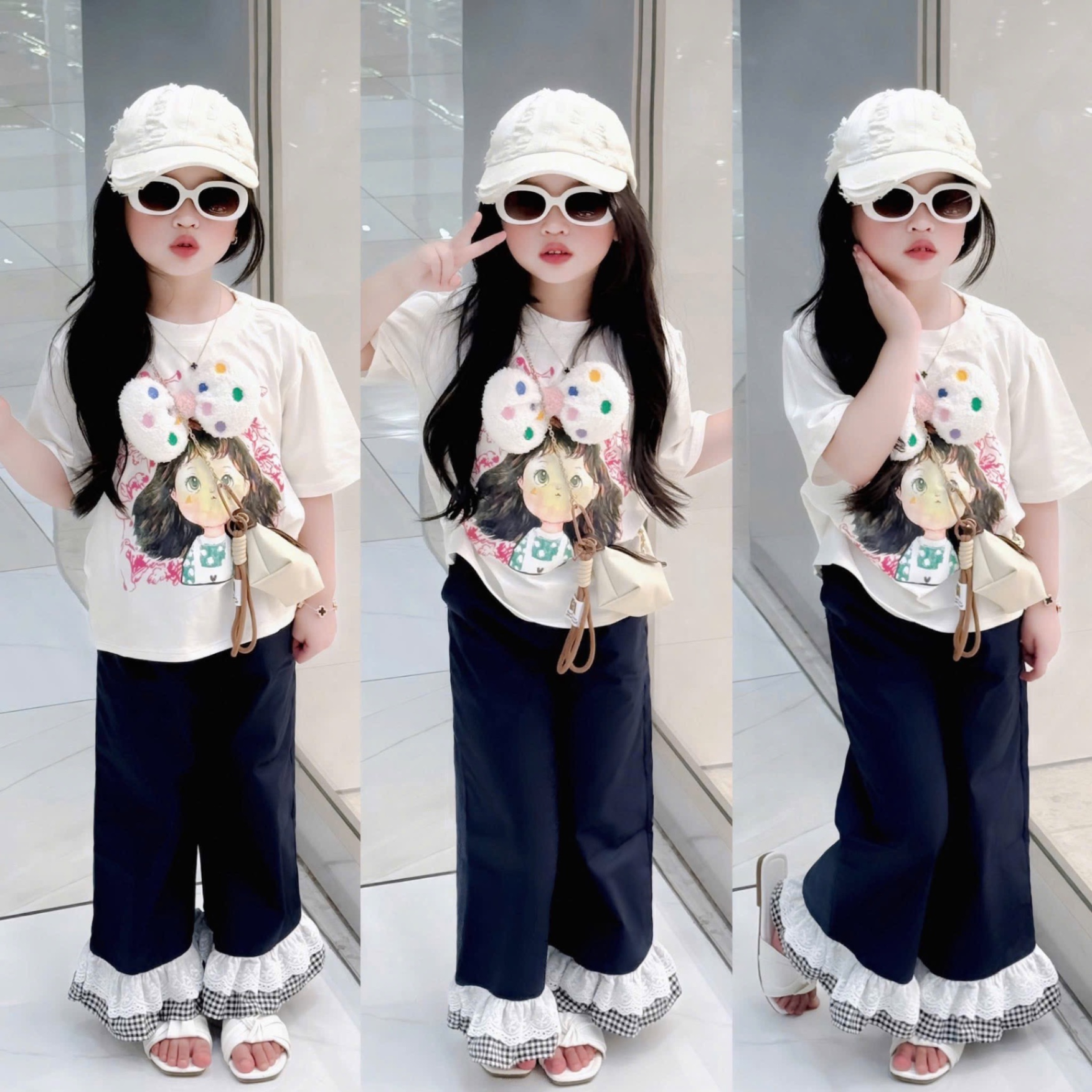 Sét bộ áo hình nơ bông rời quần bò phối ren xuông bé gái