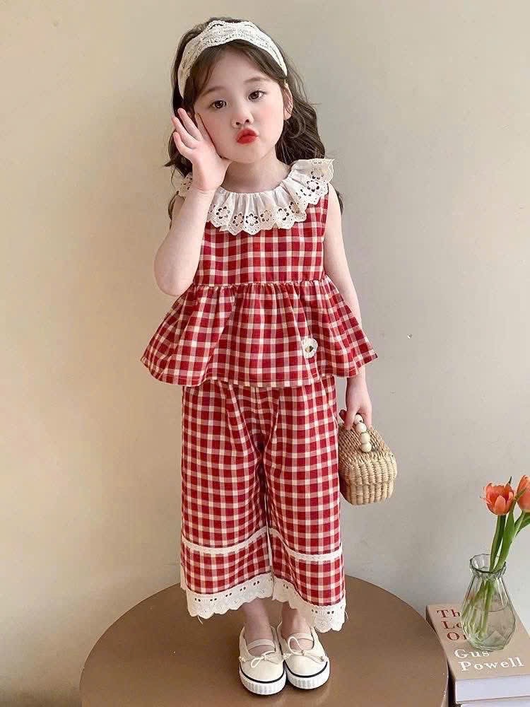 Sét bộ caro đỏ cổ tròn ren quần xuông bé gái lt