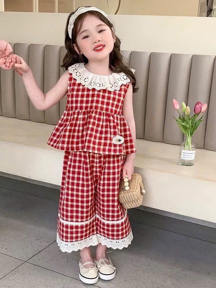 Sét bộ caro đỏ cổ tròn ren quần xuông bé gái lt
