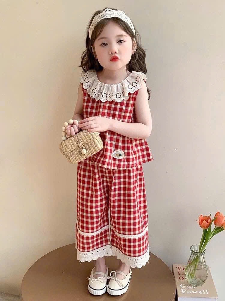Sét bộ caro đỏ cổ tròn ren quần xuông bé gái lt