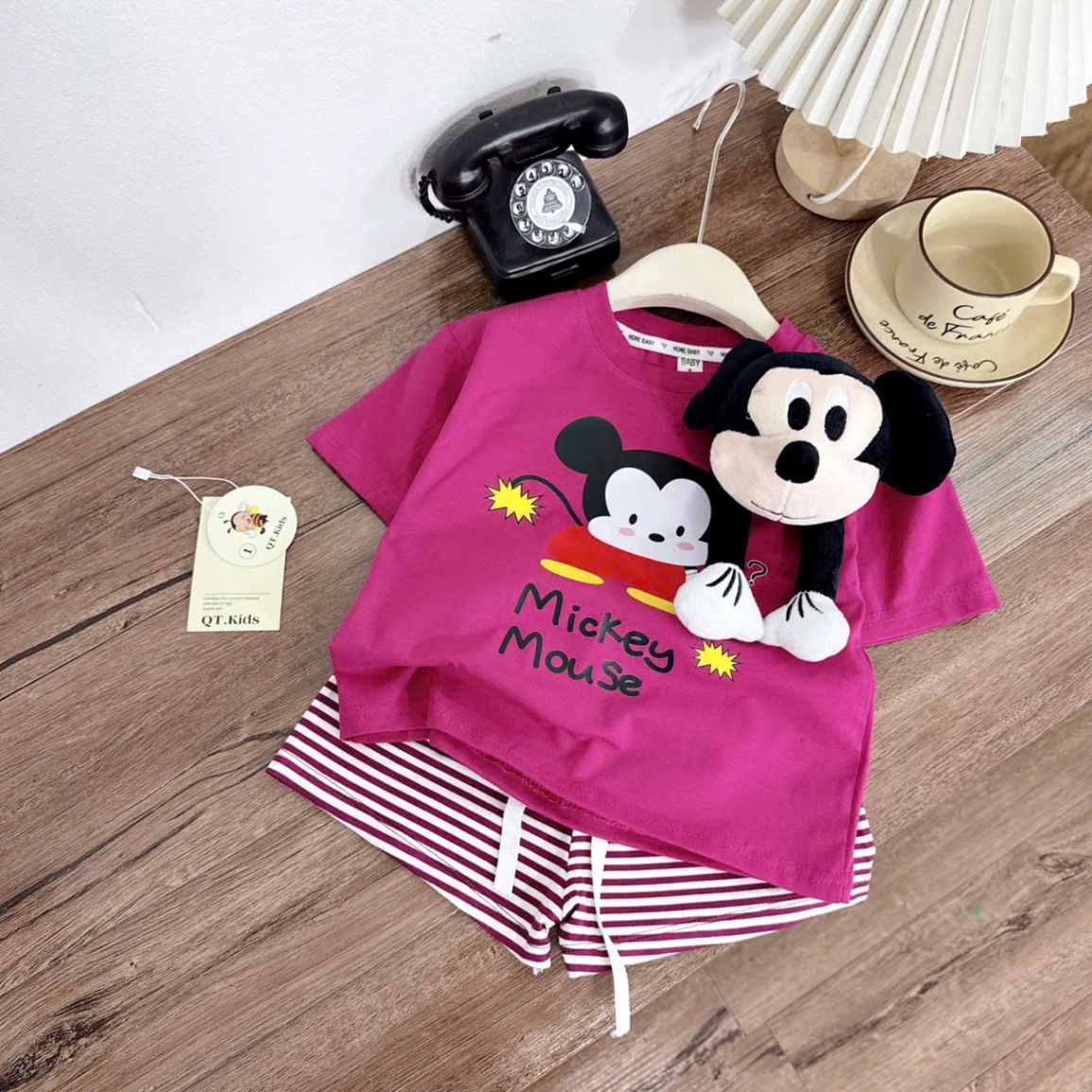 Sét bộ mickky quần sooc kẻ kèm miky to rời bé gái