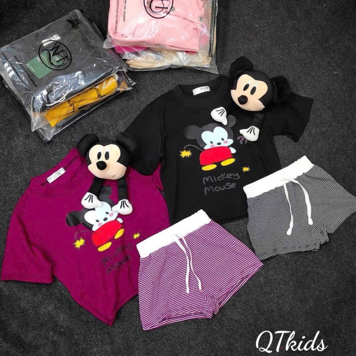 Sét bộ mickky quần sooc kẻ kèm miky to rời bé gái