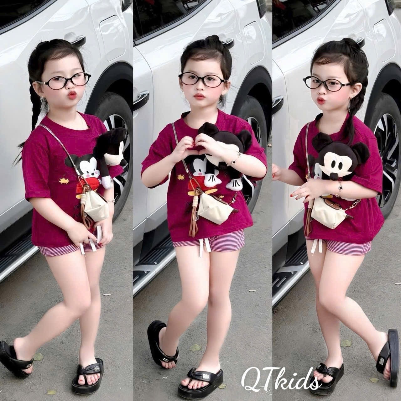 Sét bộ mickky quần sooc kẻ kèm miky to rời bé gái