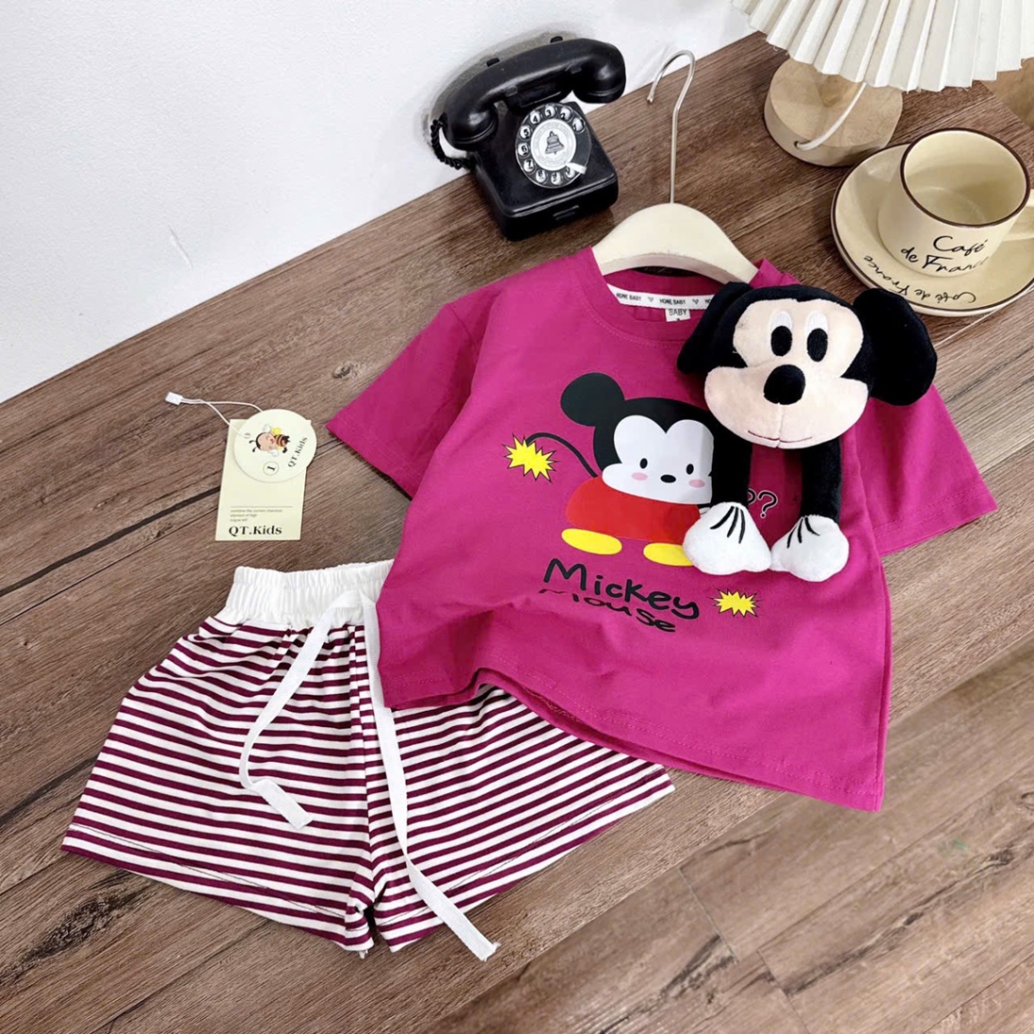Sét bộ mickky quần sooc kẻ kèm miky to rời bé gái