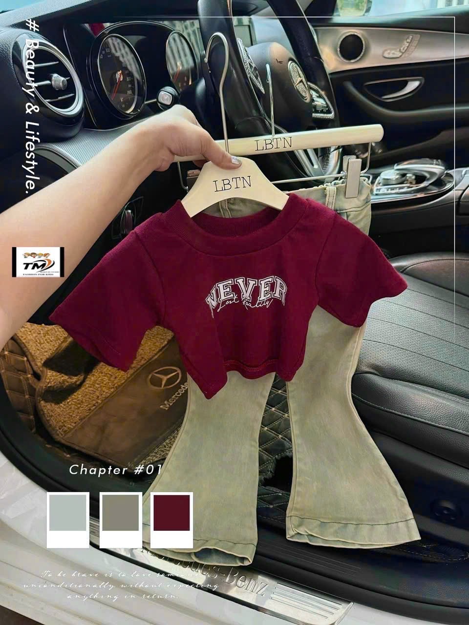 Sét bộ áo croptop never quần bò loe bé gái