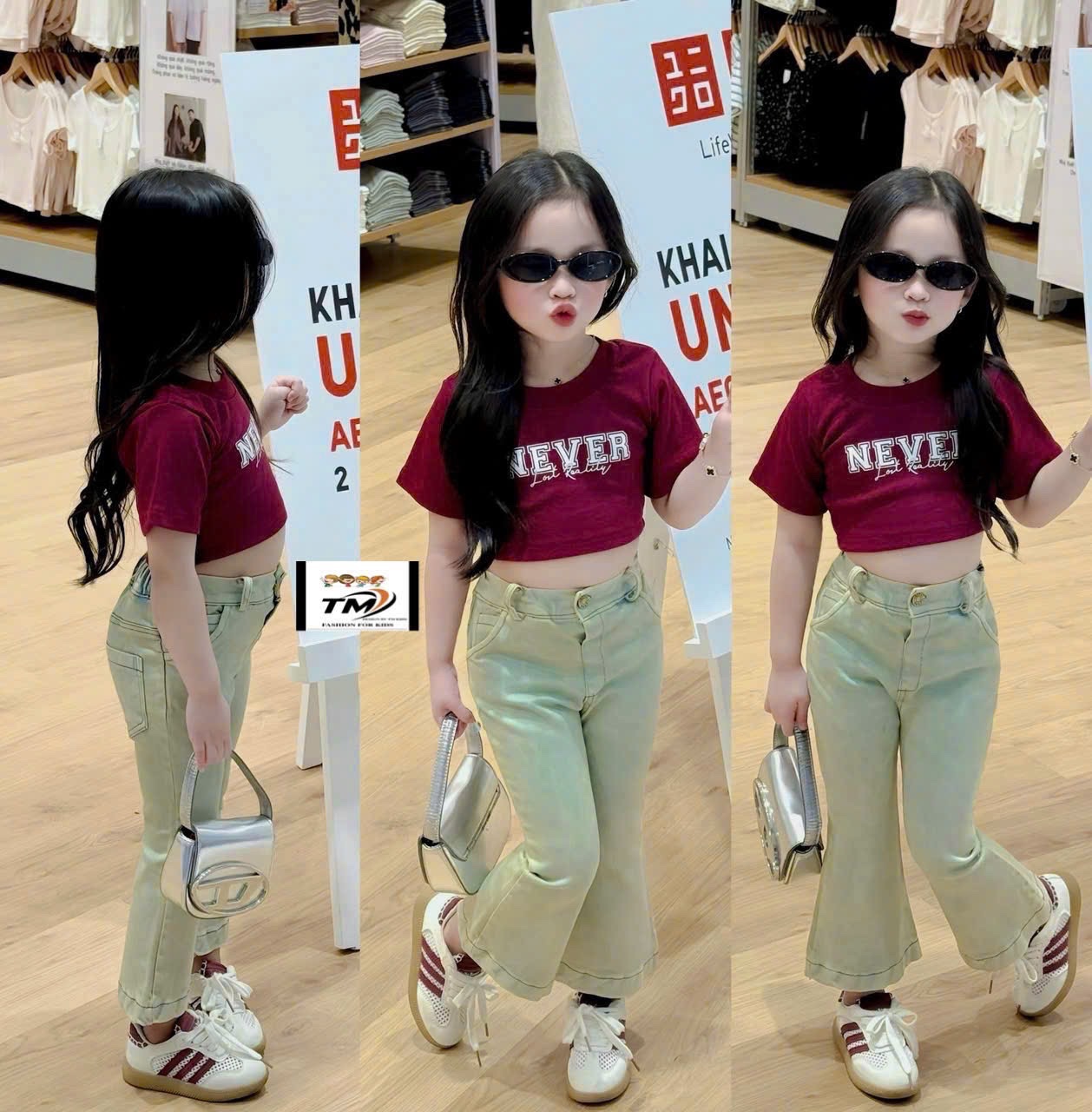 Sét bộ áo croptop never quần bò loe bé gái