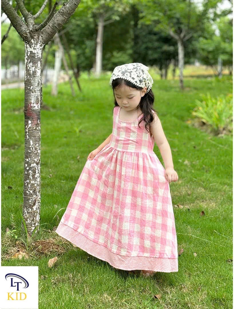 Váy caro hồng kèm khăn lt bé gái