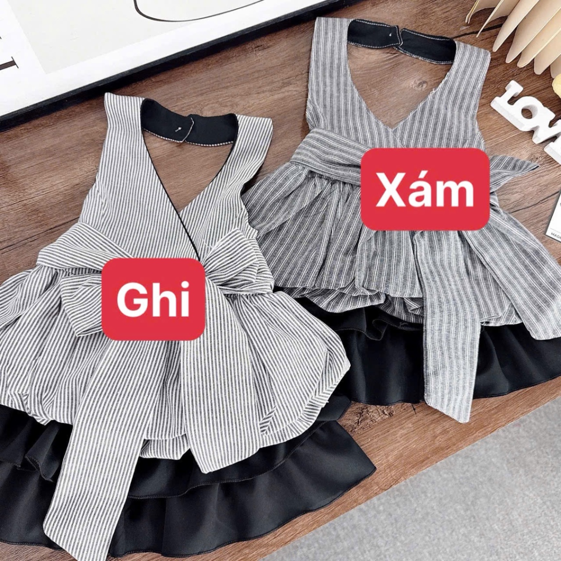 Sét 3 chi tiết áo thắt nơ cổ yếm kẻ sọc cv tầng đen
