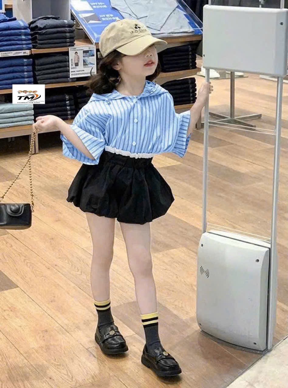 Sét áo sọc xanh quần đen bồng tm bé gái