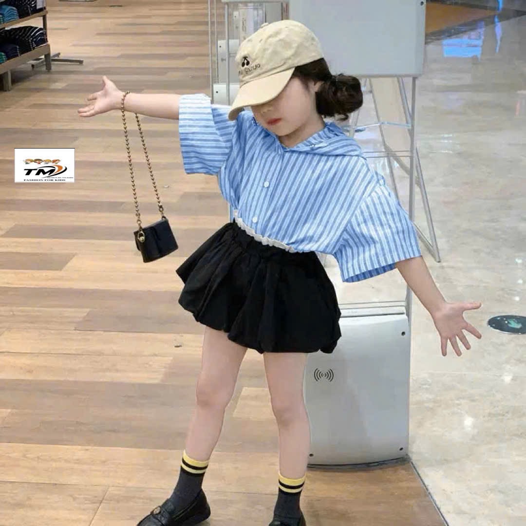 Sét áo sọc xanh quần đen bồng tm bé gái