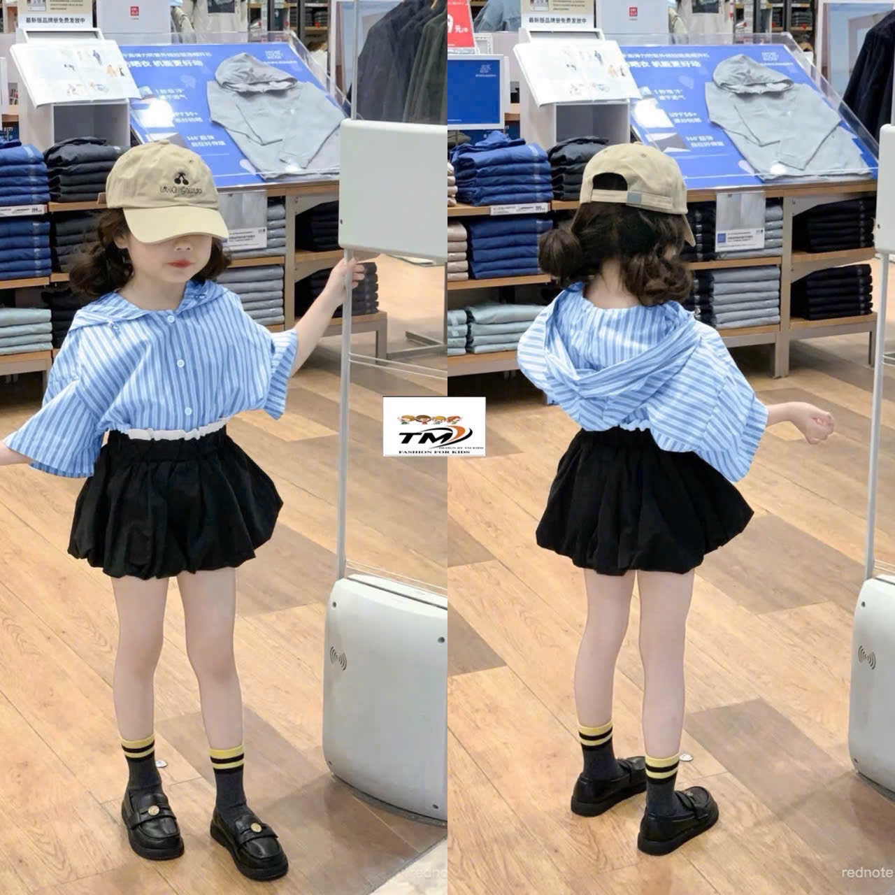 Sét áo sọc xanh quần đen bồng tm bé gái