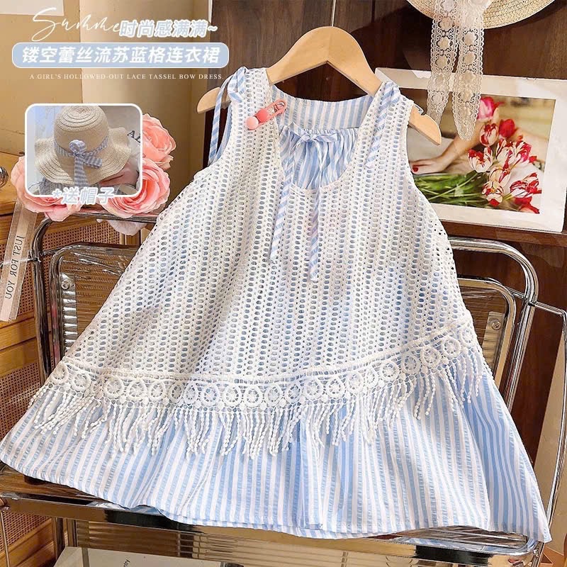 Sét váy xanh sọc áo lưới kèm mũ bé gái