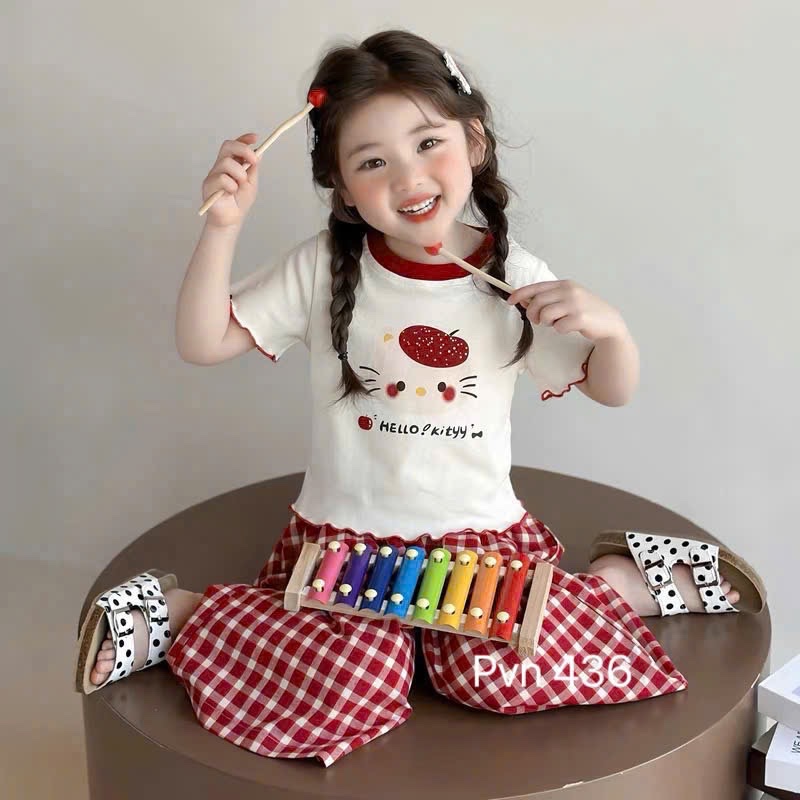 Sét áo tăm helo quần xuông kẻ đỏ bé gái