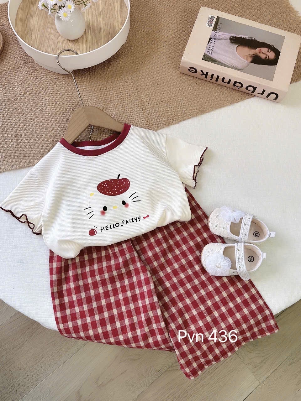 Sét áo tăm helo quần xuông kẻ đỏ bé gái