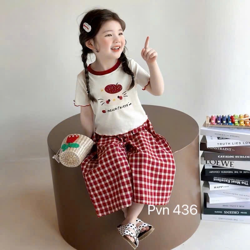 Sét áo tăm helo quần xuông kẻ đỏ bé gái