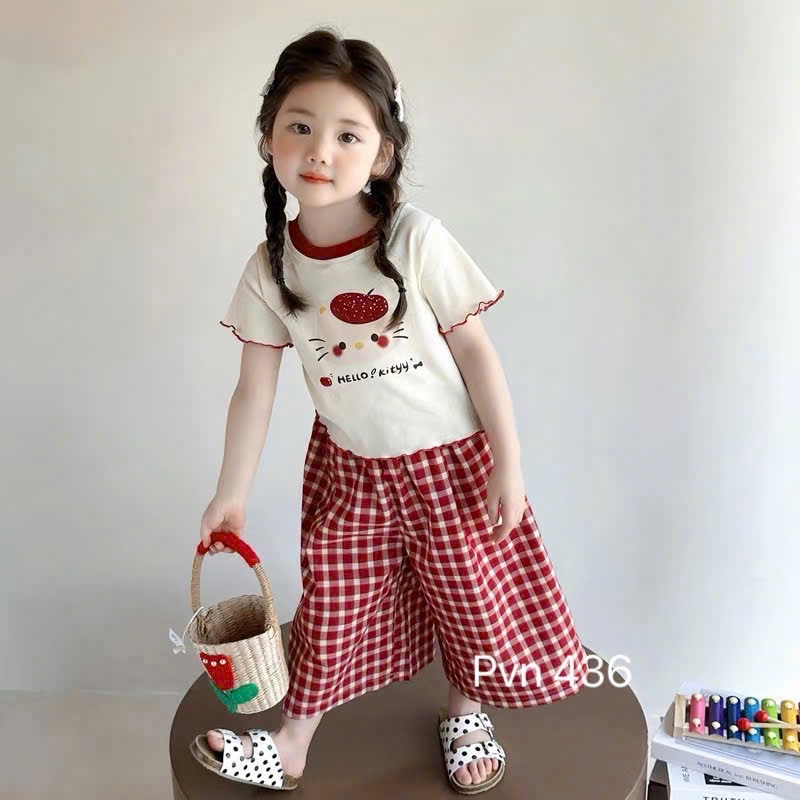 Sét áo tăm helo quần xuông kẻ đỏ bé gái