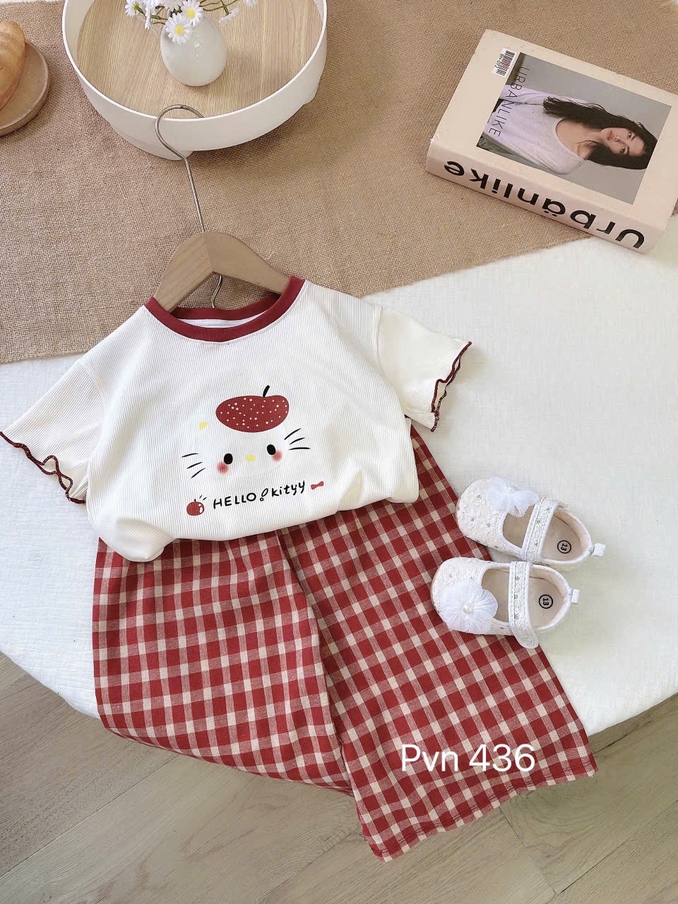 Sét áo tăm helo quần xuông kẻ đỏ bé gái