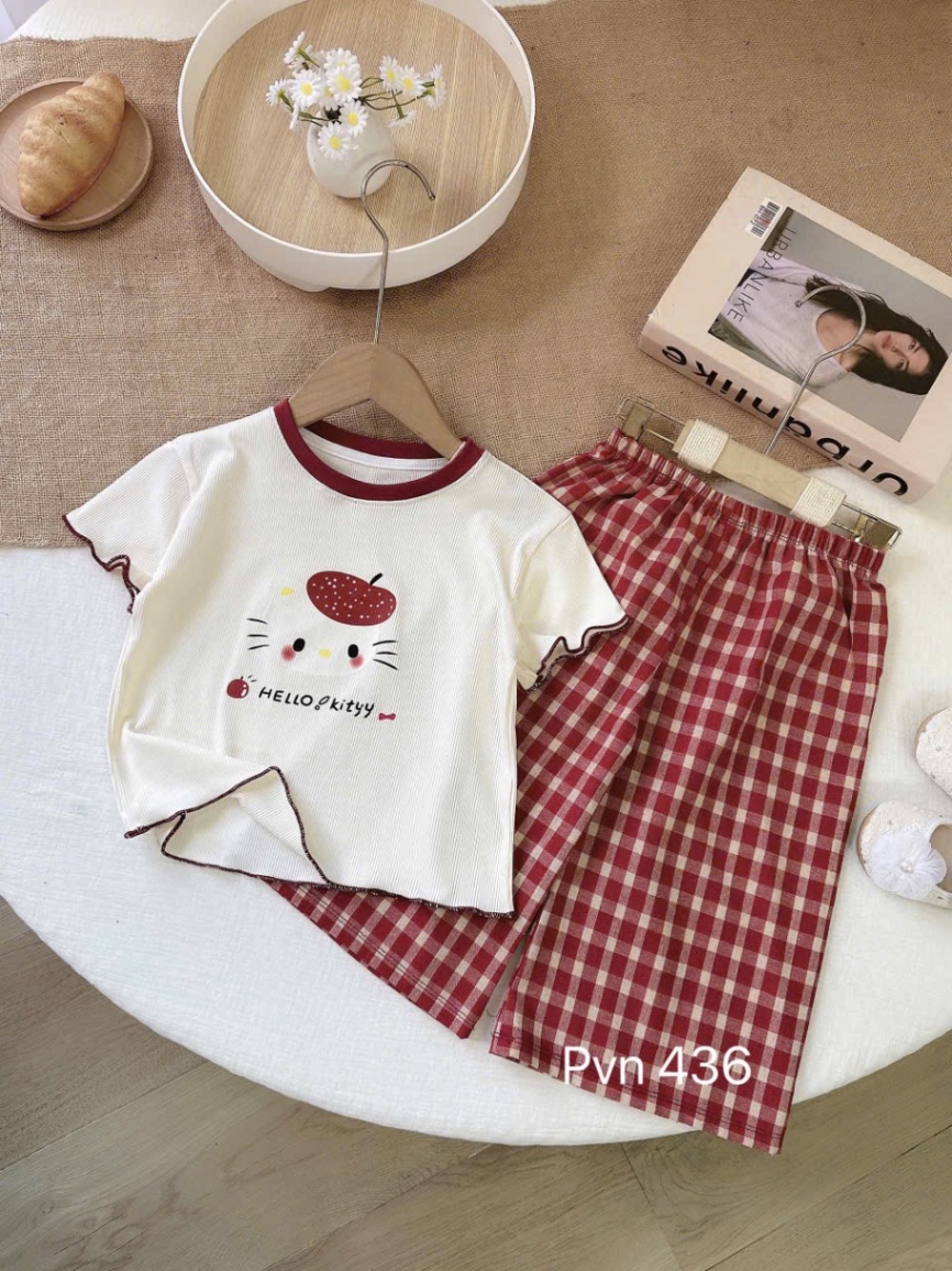 Sét áo tăm helo quần xuông kẻ đỏ bé gái