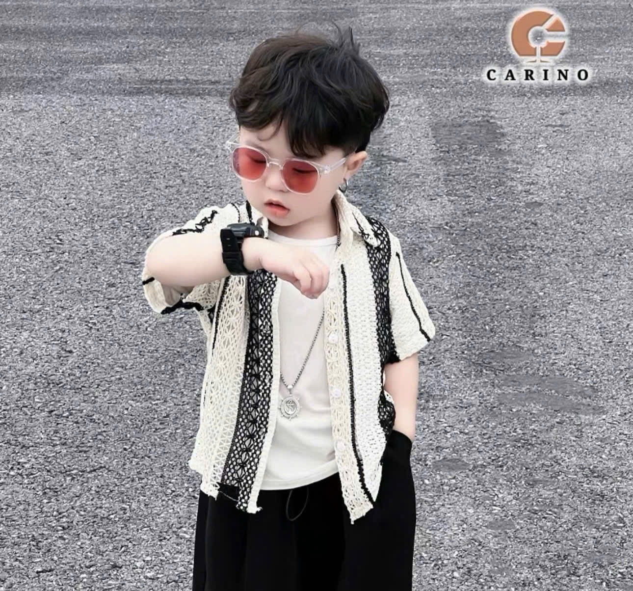 Sét áo lưới sọc đen quần sooc bé trai