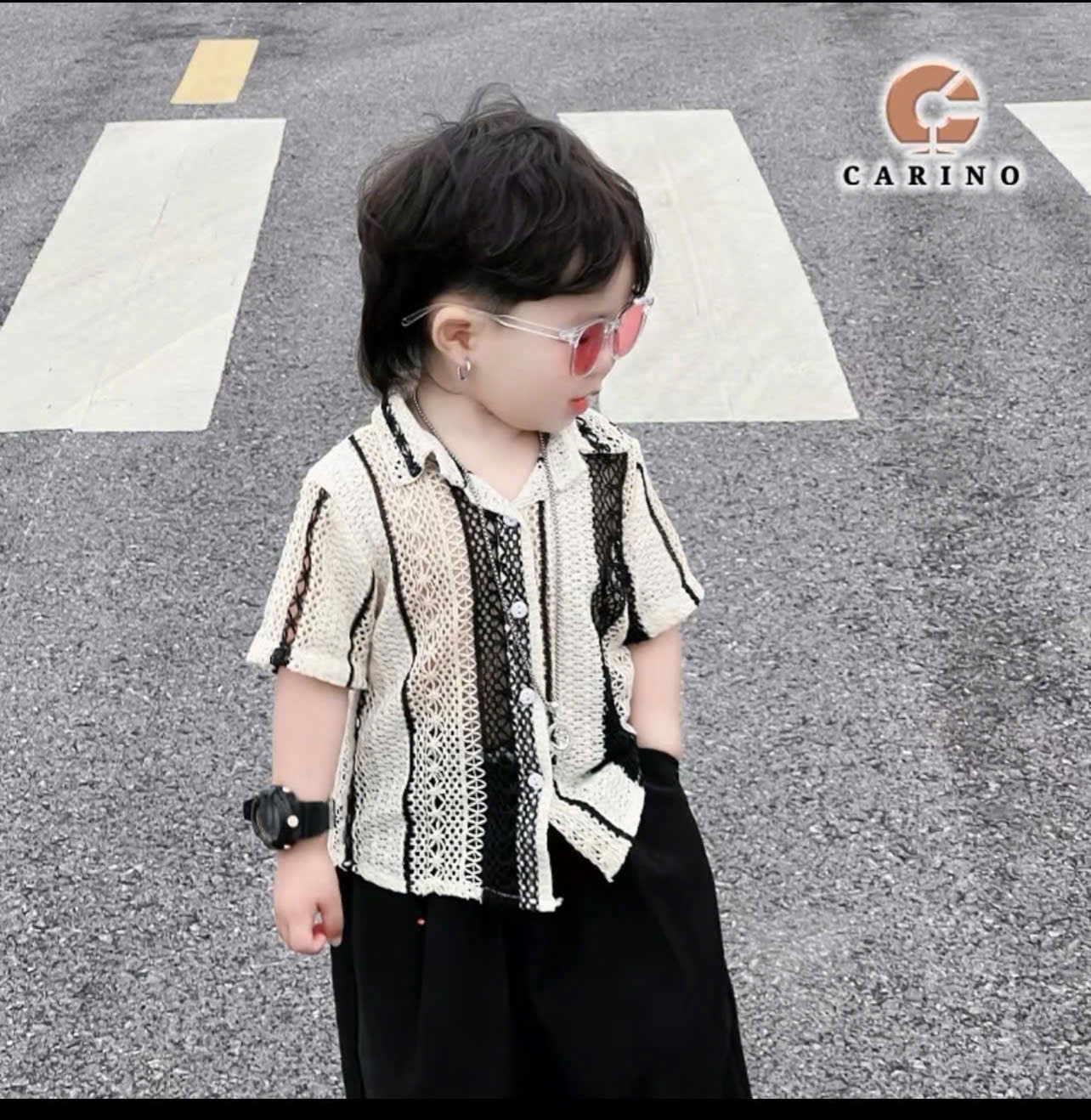 Sét áo lưới sọc đen quần sooc bé trai