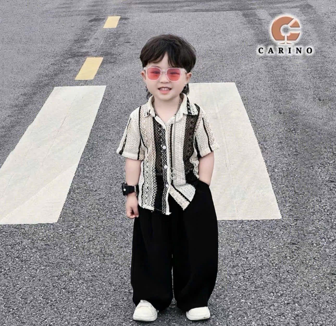 Sét áo lưới sọc đen quần sooc bé trai