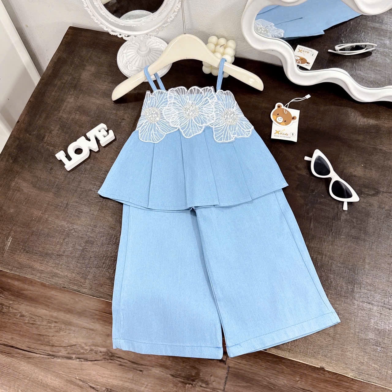 Sét bộ bò mềm 2 dây hoa ép quần xuông bé gái