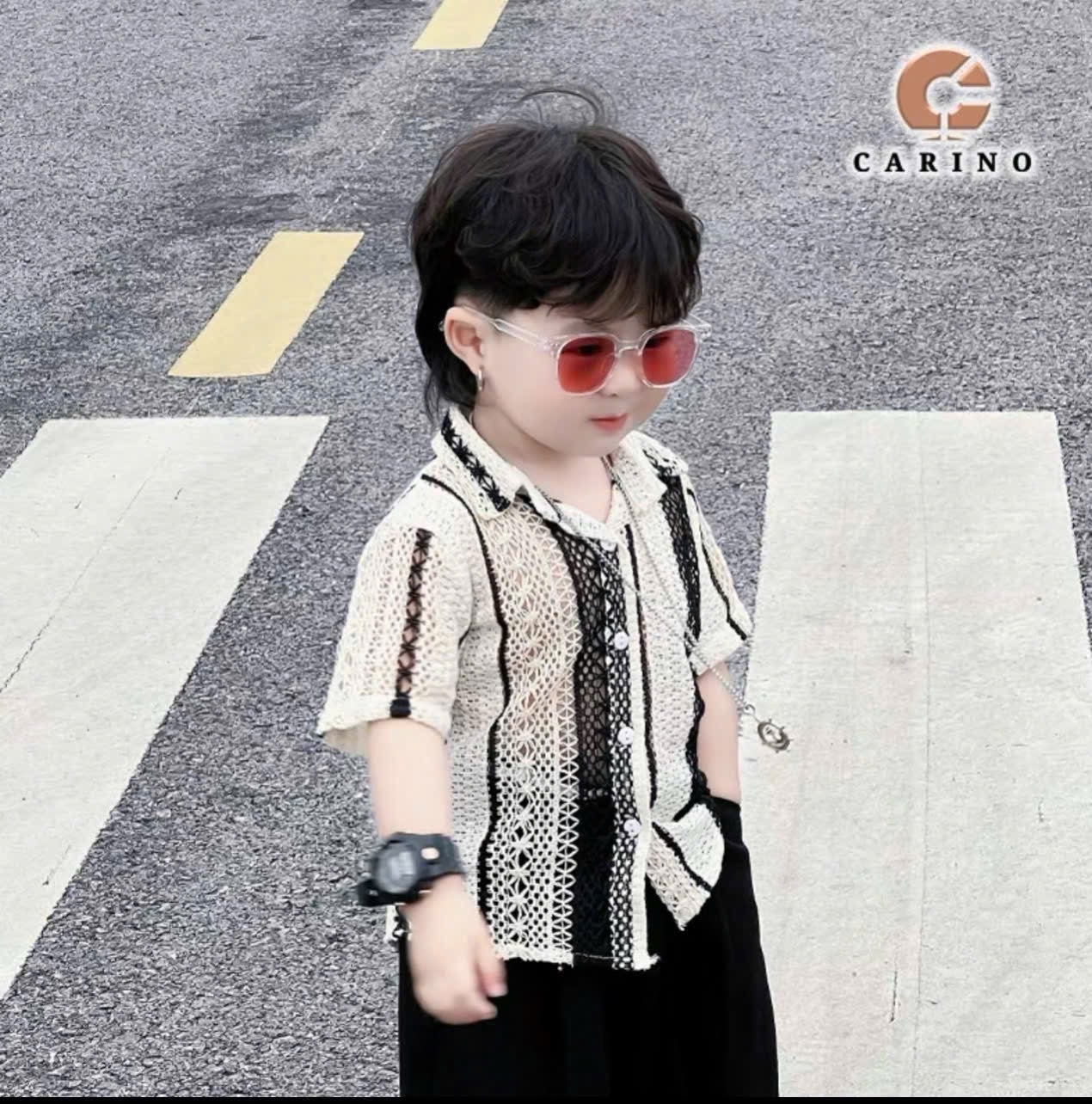 Sét áo lưới sọc đen quần sooc bé trai
