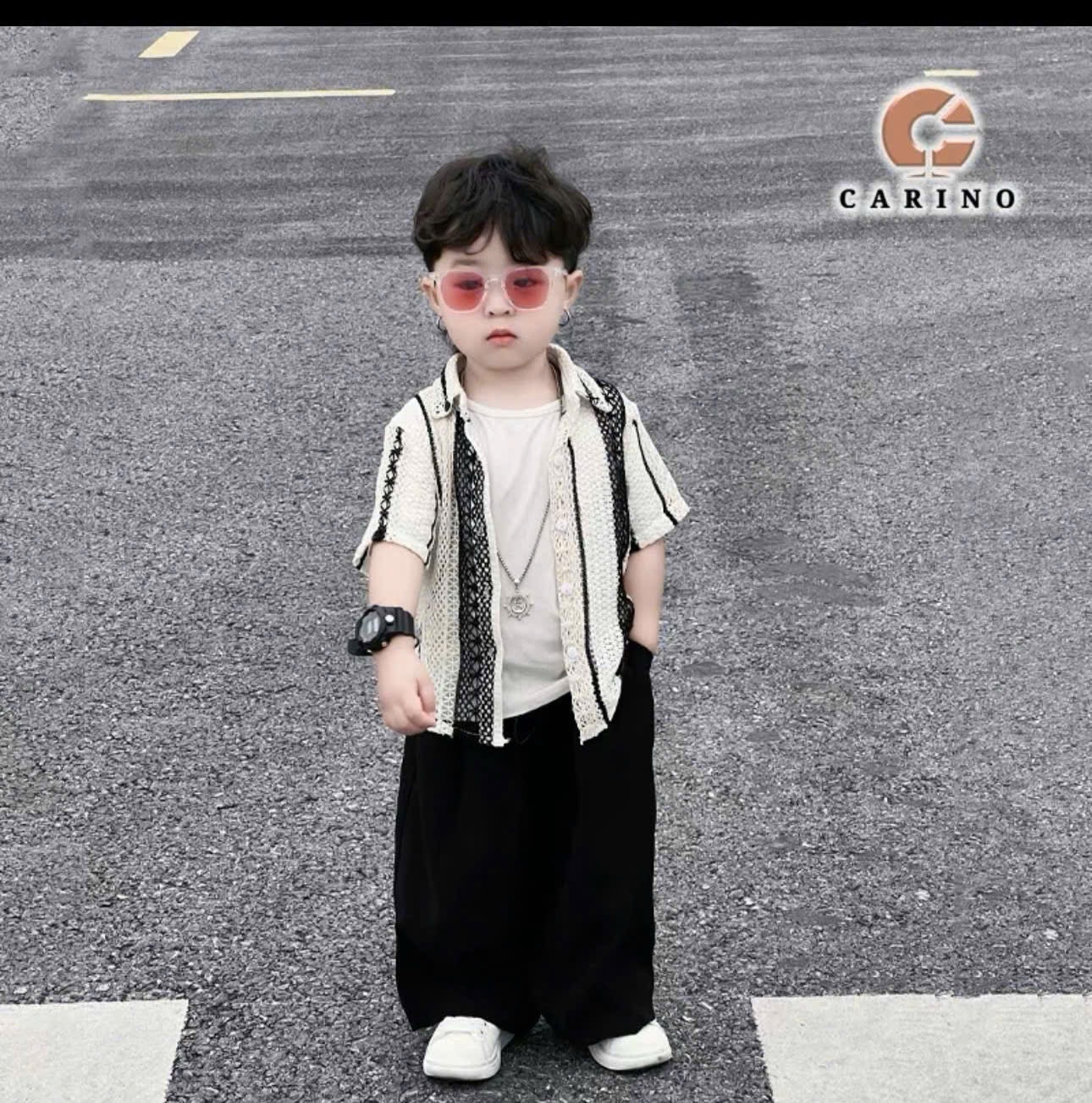 Sét áo lưới sọc đen quần sooc bé trai