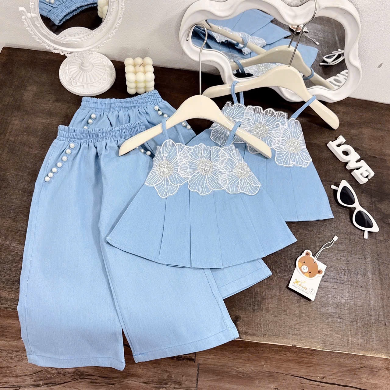 Sét bộ bò mềm 2 dây hoa ép quần xuông bé gái