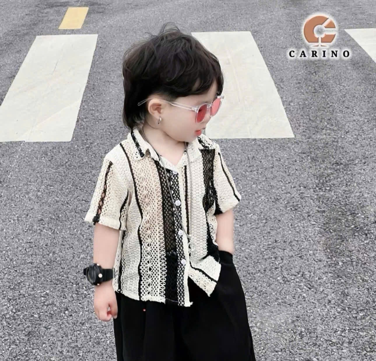 Sét áo lưới sọc đen quần sooc bé trai