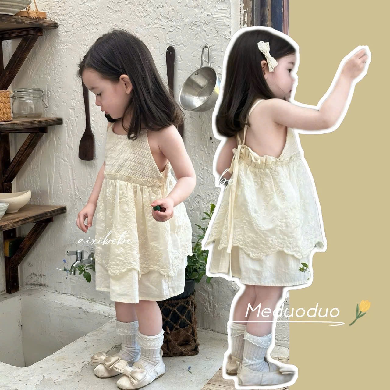 Váy kem 2 dây hở lưng sn bé gái