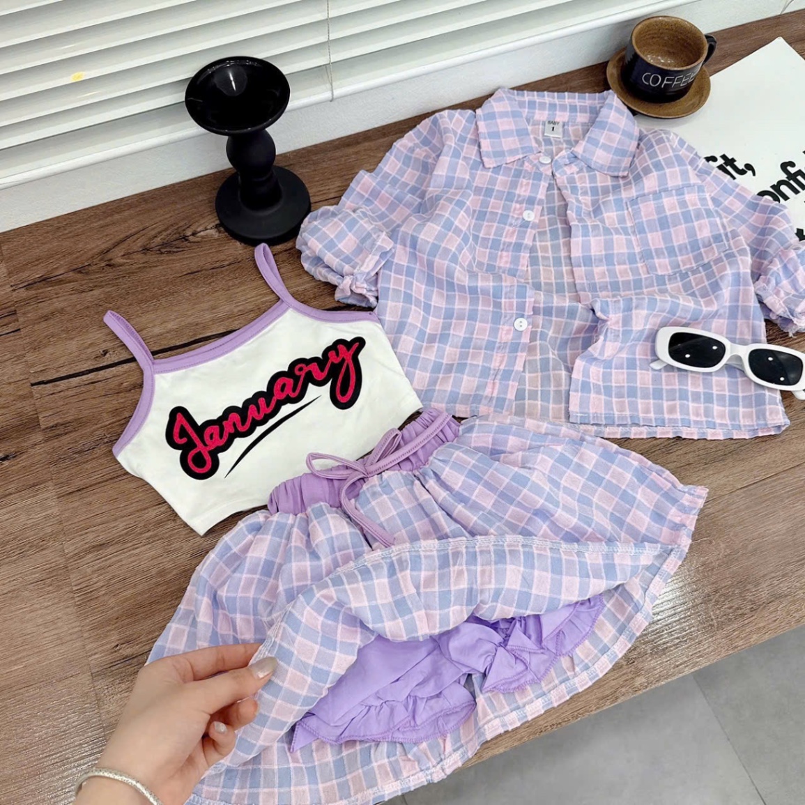 Sét 3 chi tiết bộ caro tím bé gái