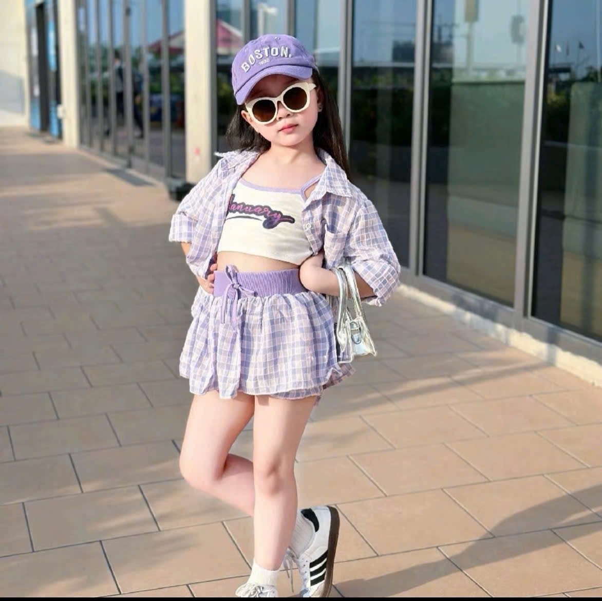 Sét 3 chi tiết bộ caro tím bé gái