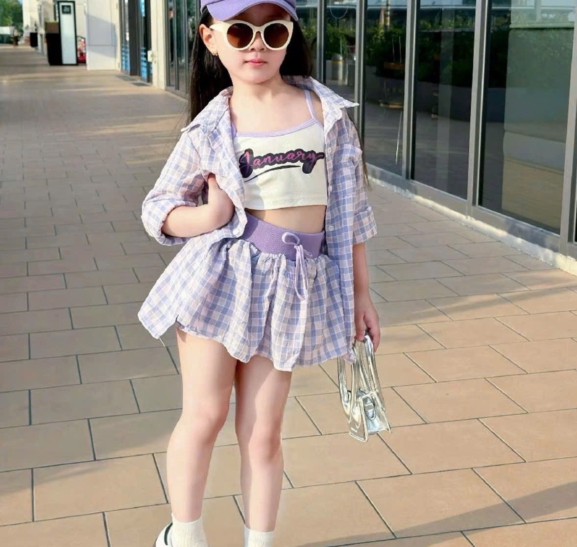 Sét 3 chi tiết bộ caro tím bé gái