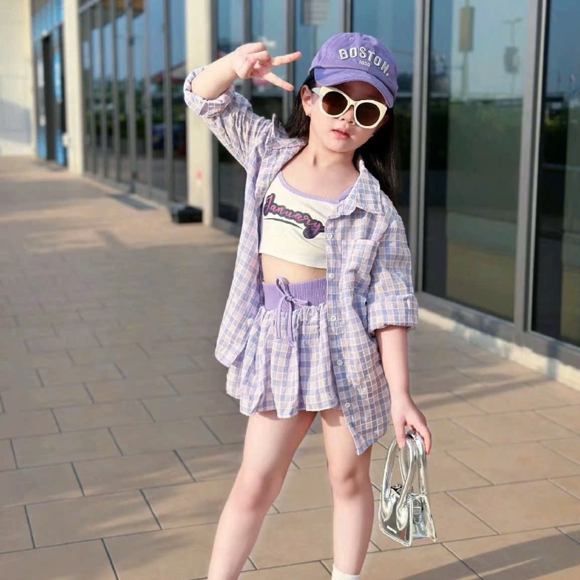 Sét 3 chi tiết bộ caro tím bé gái