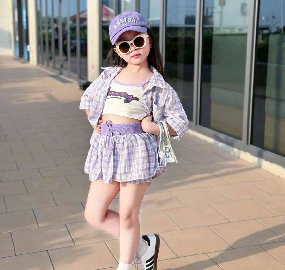 Sét 3 chi tiết bộ caro tím bé gái