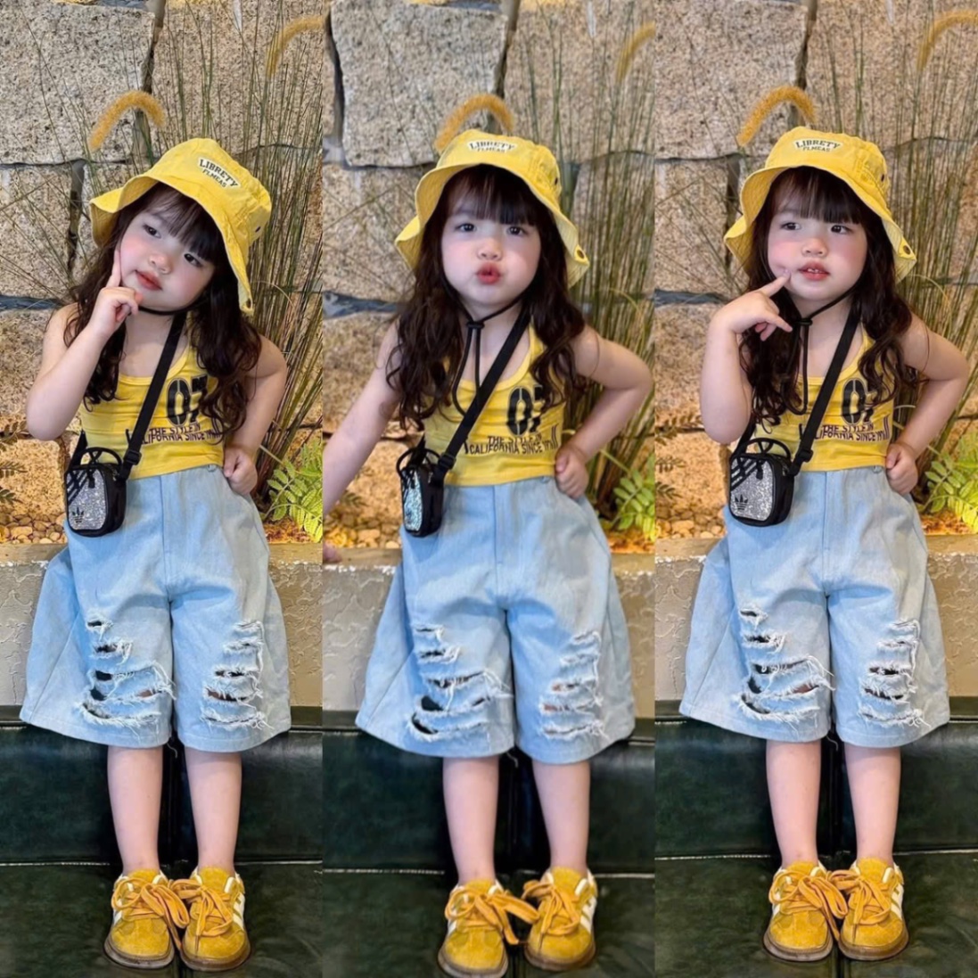 Sét áo 2 dây vàng số 7 quần bò lỡ bé gái