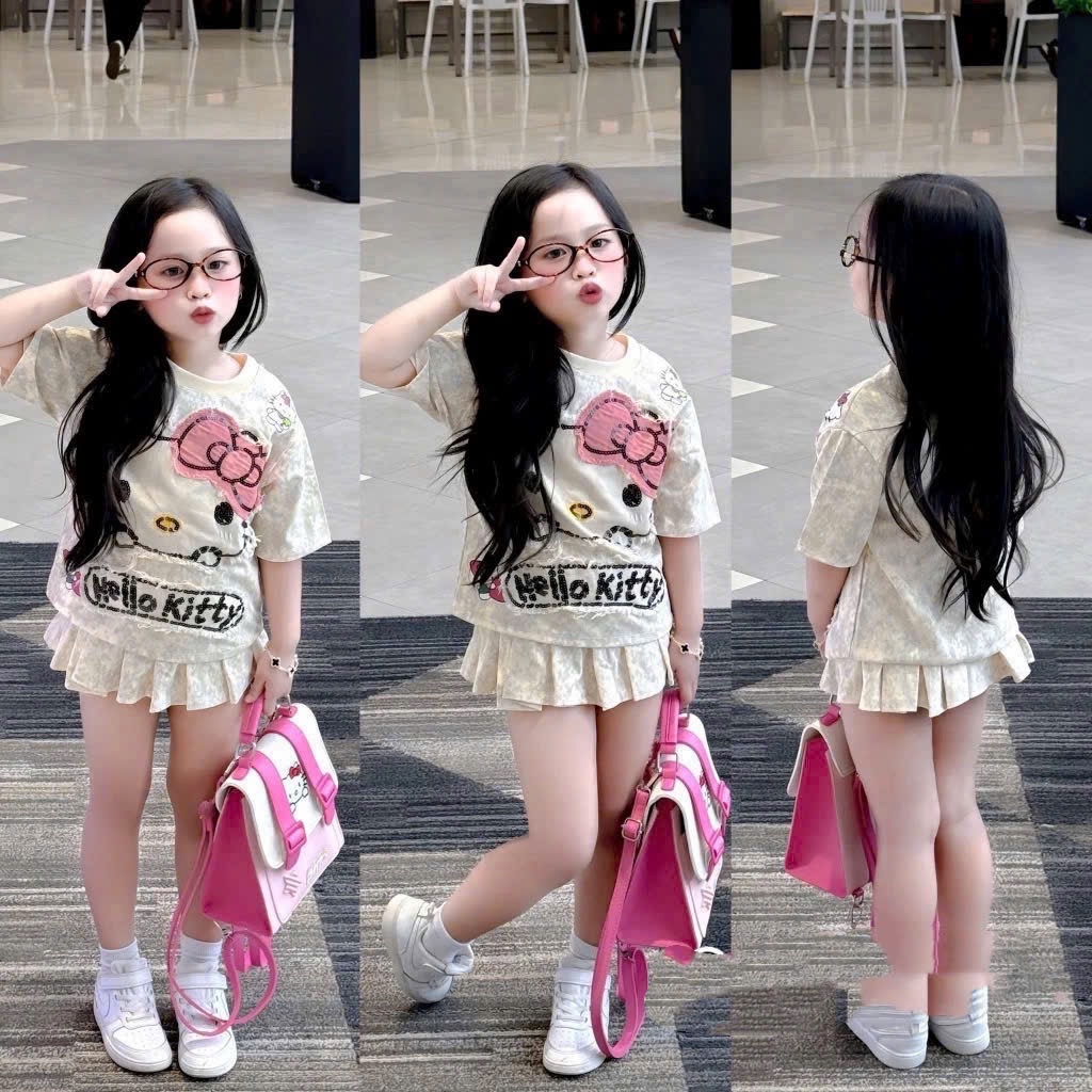 Sét bộ loang hình đắp kitty cv xếp ly bé gái