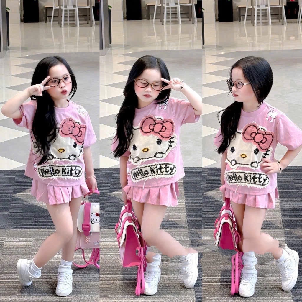 Sét bộ loang hình đắp kitty cv xếp ly bé gái